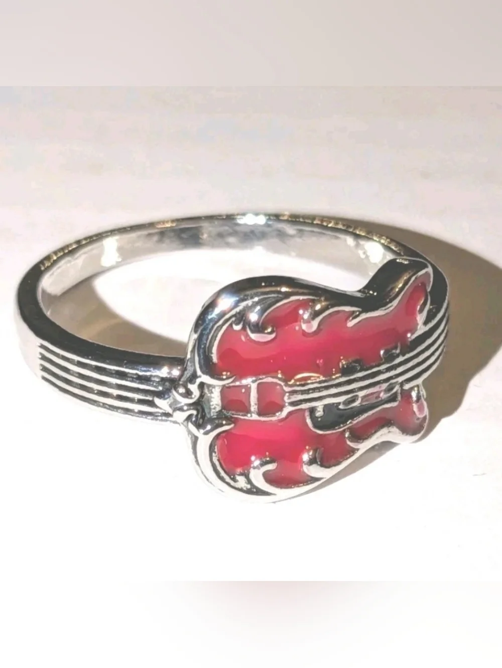 Elvis Inspired Silver Plated Guitar Red Enamel   Unisex Intricate Detailed Ring